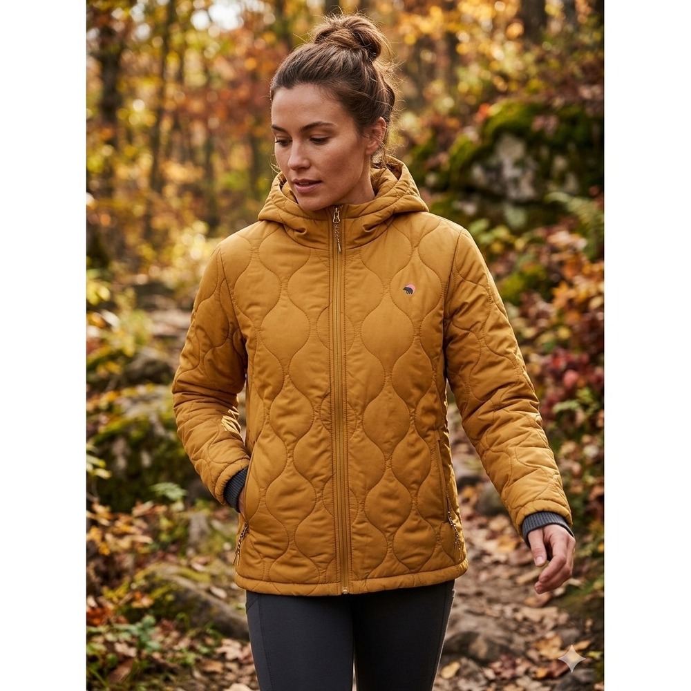 Wondery Outdoors Women Quilted Puffer Jacket Ochre Hooded Large L Gorpcore